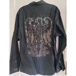 Silver Dagger Men's Embellished Eagle Cross Button Shirt Black Size LARGE